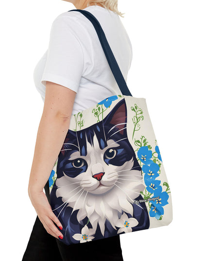 Cat and Blue Flowers Tote Bag with Cotton Handles For Everyday Use, 3 Sizes