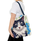 Cat and Blue Flowers Tote Bag with Cotton Handles For Everyday Use, 3 Sizes
