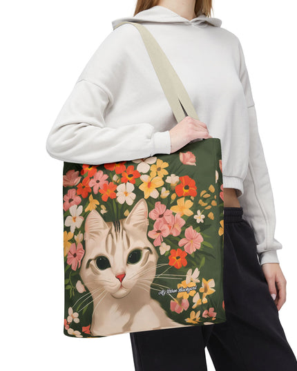 White Cat with Flowers Tote Bag with Cotton Handles For Everyday Use, 3 Sizes