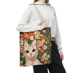 White Cat with Flowers Tote Bag with Cotton Handles For Everyday Use, 3 Sizes