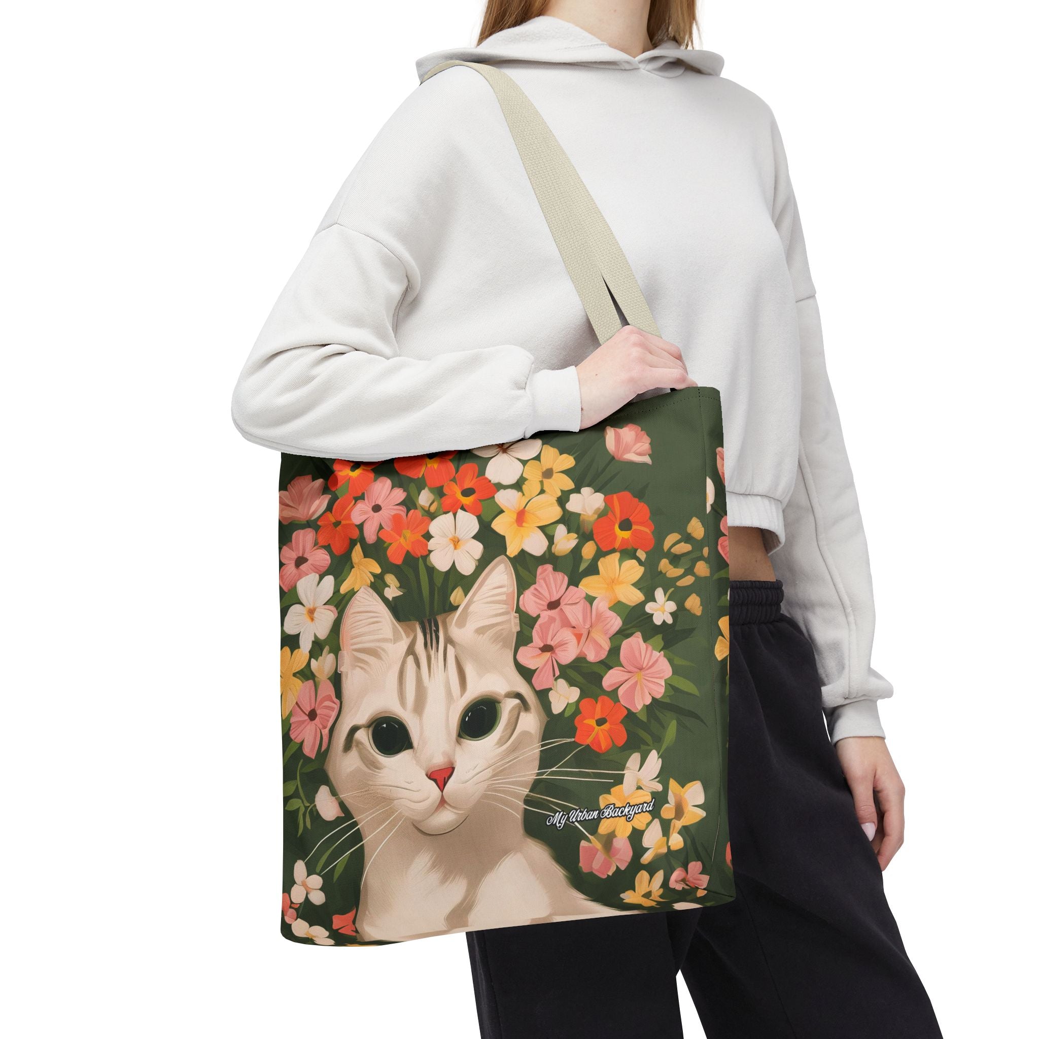 White Cat with Flowers Tote Bag with Cotton Handles For Everyday Use, 3 Sizes