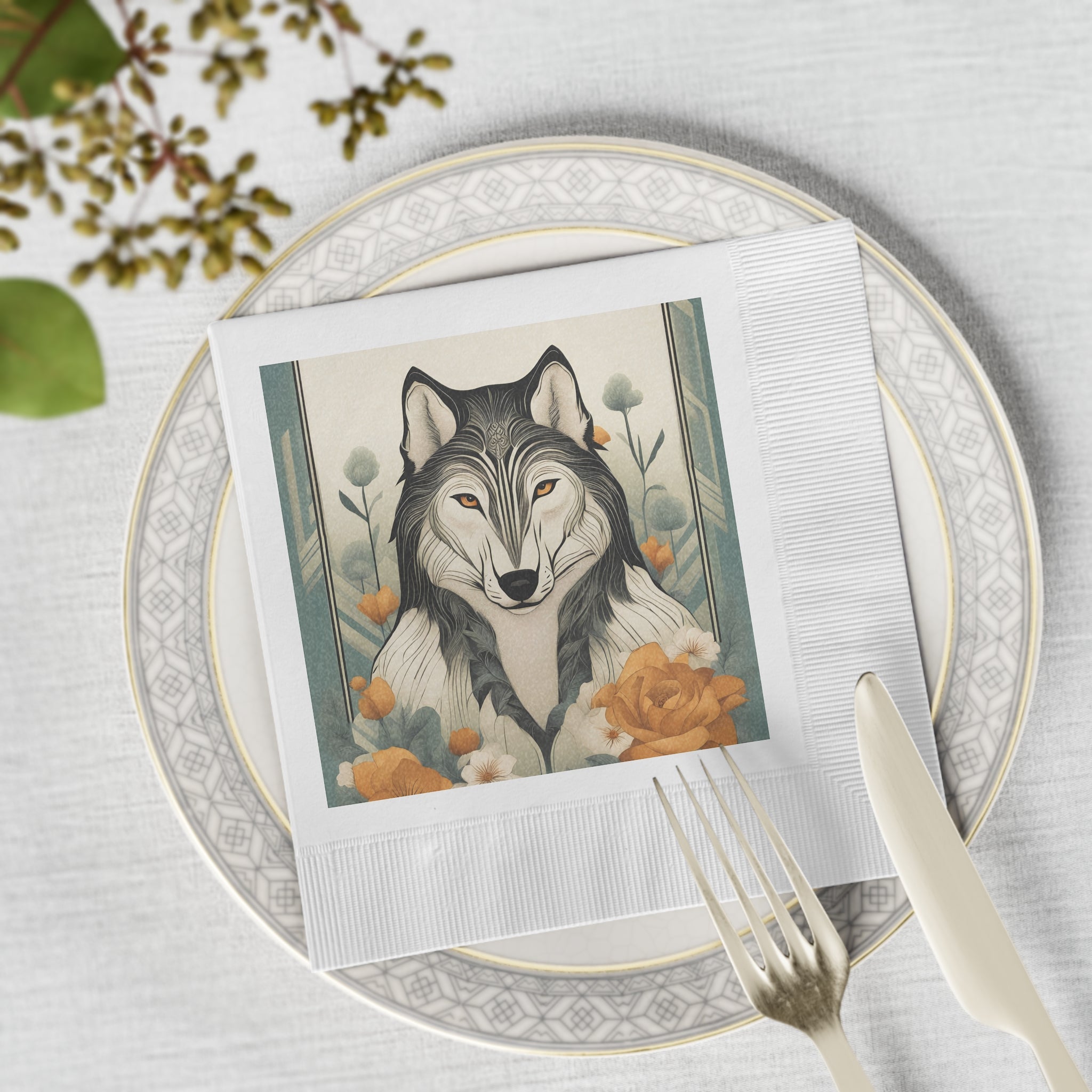 Orange-Eyed Wolf Floral Napkins