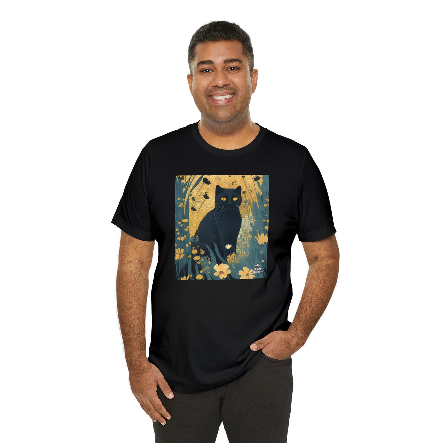 Black Cat and Wildflowers, Soft 100% Jersey Cotton T-Shirt, Unisex, Short Sleeve, Retail Fit
