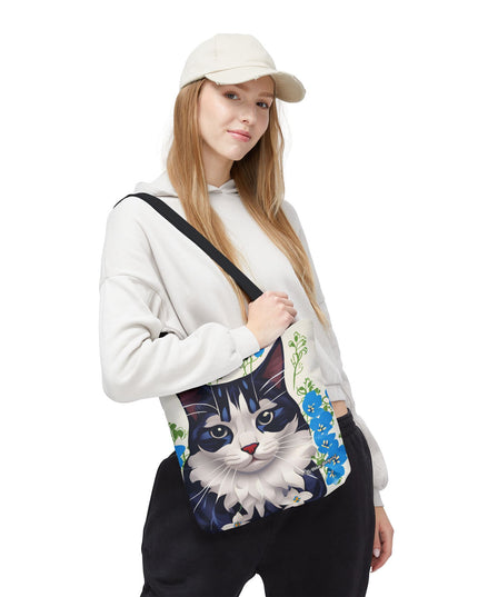 Cat and Blue Flowers Tote Bag with Cotton Handles For Everyday Use, 3 Sizes