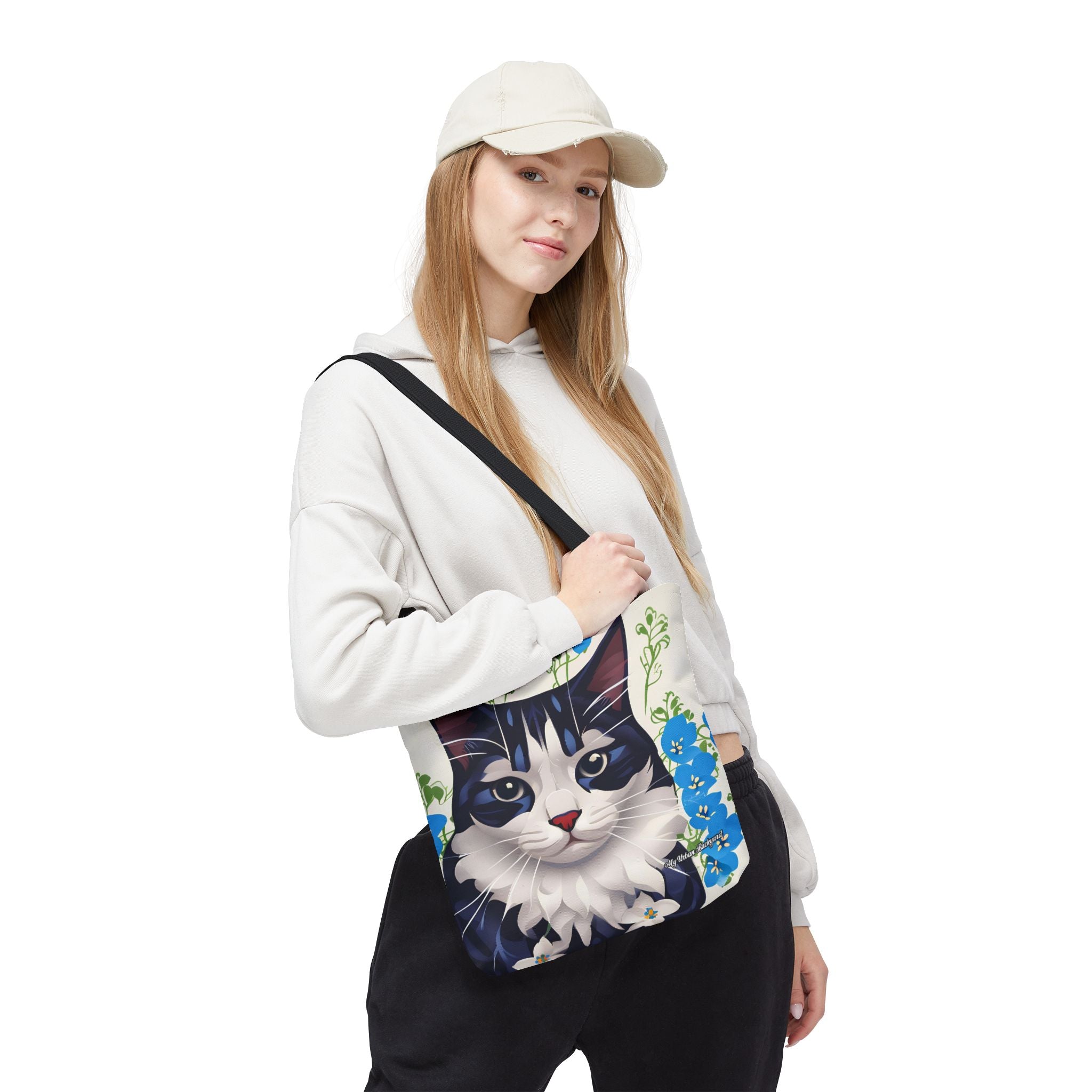 Cat and Blue Flowers Tote Bag with Cotton Handles For Everyday Use, 3 Sizes