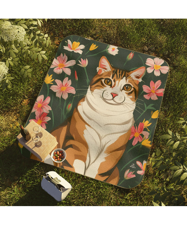 Cat and Pink Flowers, Cozy Outdoor Picnic Blanket, Water-Resistant Bottom, 51" × 61"