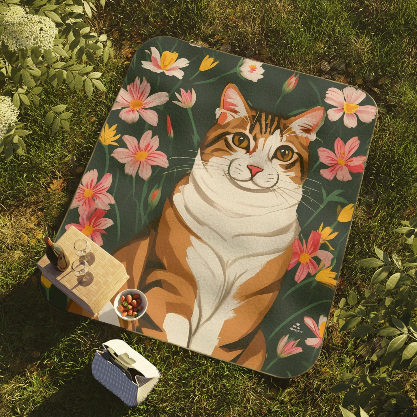 Outdoor Picnic Blanket with Soft Fleece Top and Water-Resistant Bottom - Cat and Pink Flowers