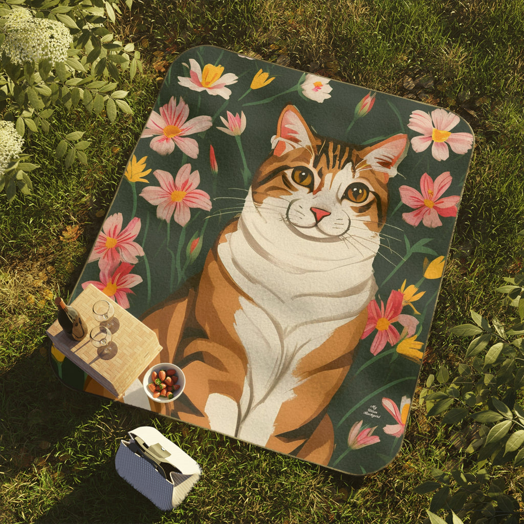Cat and Pink Flowers, Cozy Outdoor Picnic Blanket, Water-Resistant Bottom, 51" × 61"