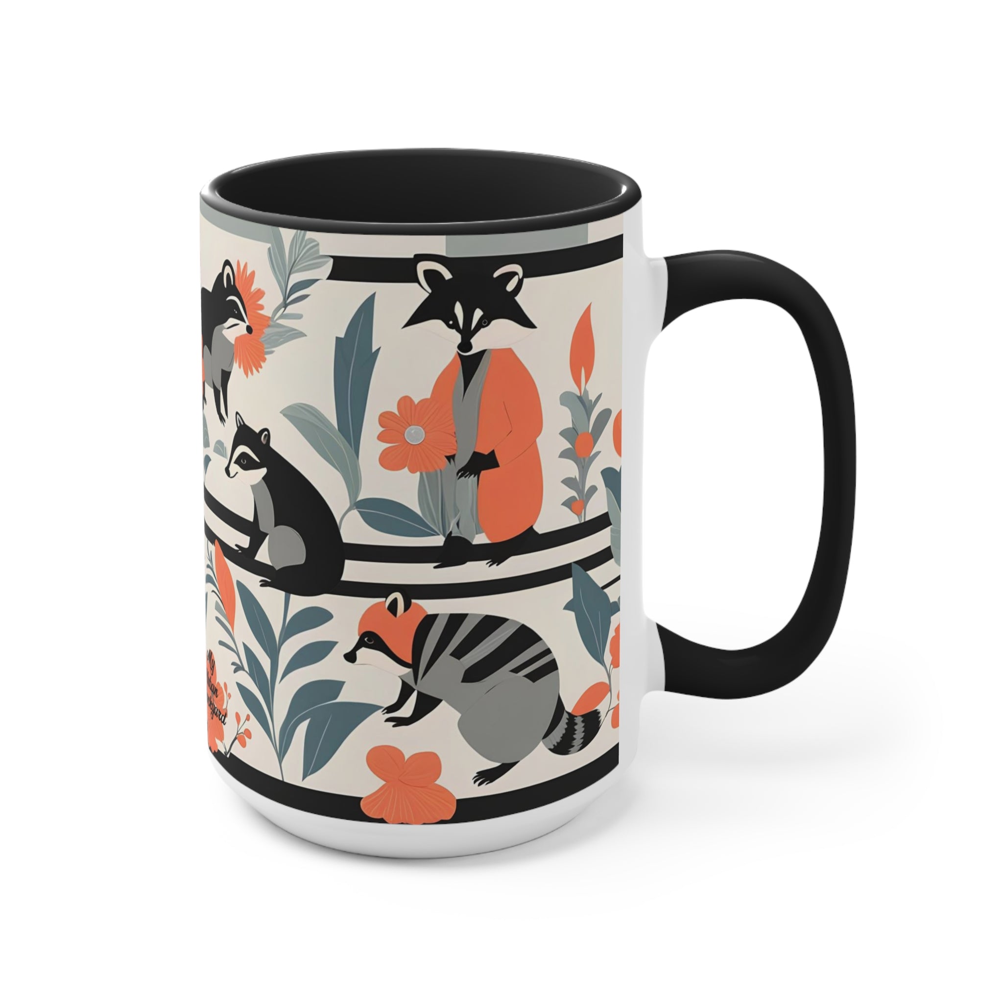 Raccoon Mural with Pastel Flowers, Ceramic Coffee Mug