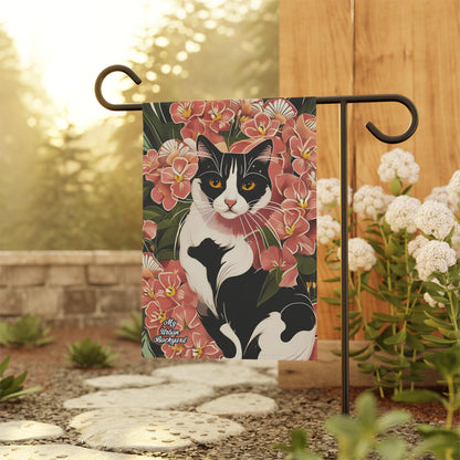 Black & White Cat in Flowers, Outdoor Garden Flag, Decor for Yard, Patio, House, 12" x 18", Double Sided Vertical. Flag only