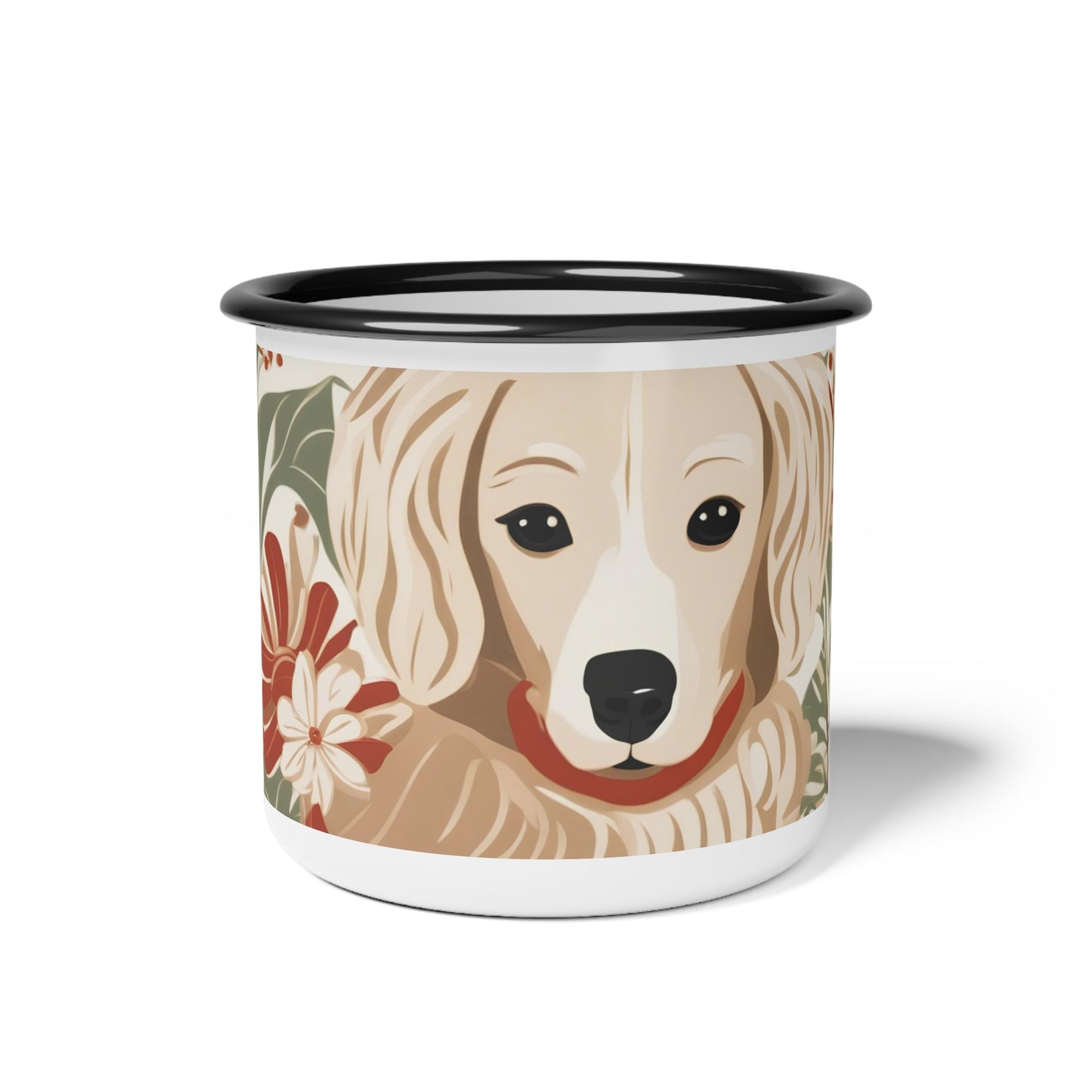 Puppy with Red Collar, Enamel Camping Mug for Coffee, Tea, Cocoa, or Cereal - 12oz
