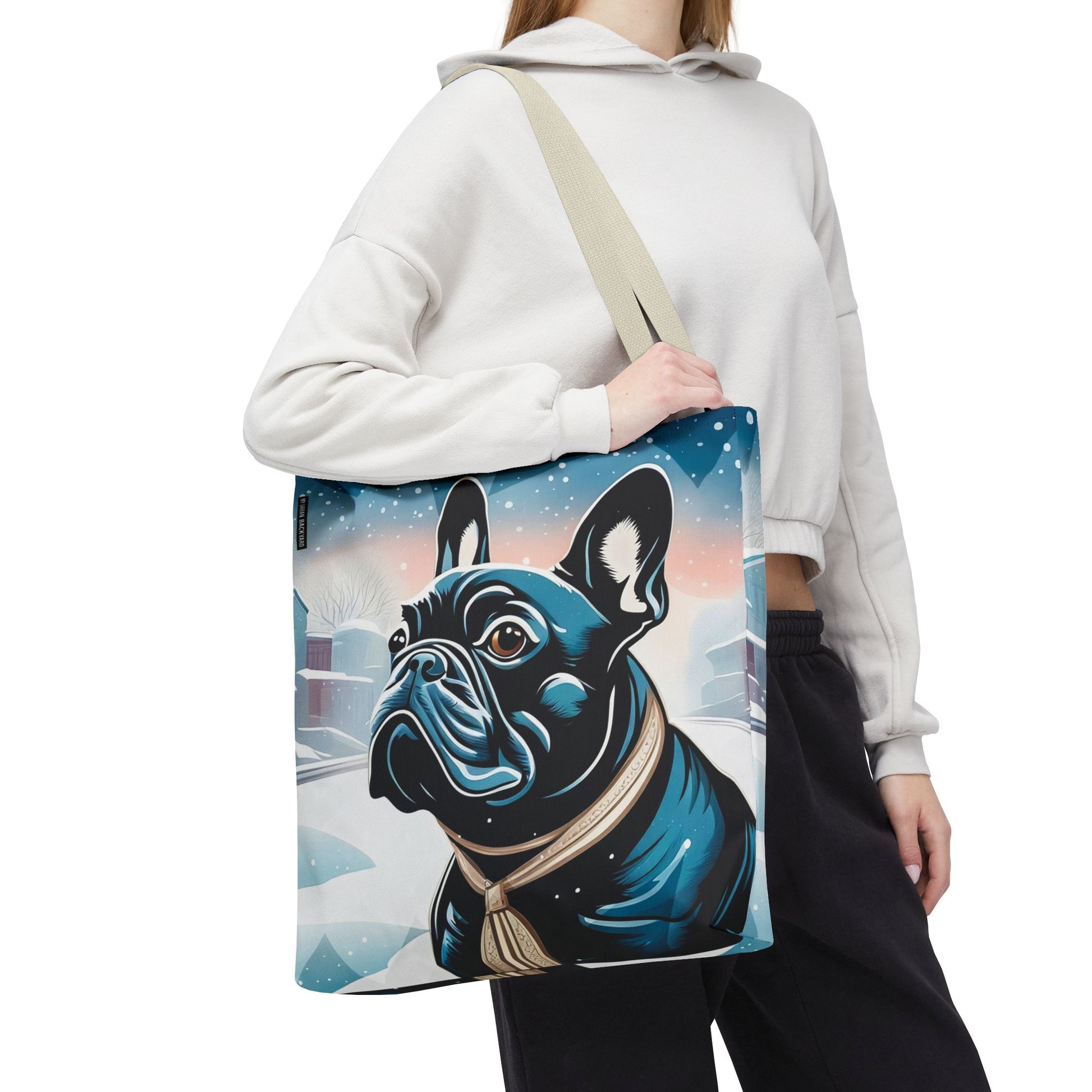 French Bulldog Winter Tote Bag — Snowy Pup All-Over Print Tote