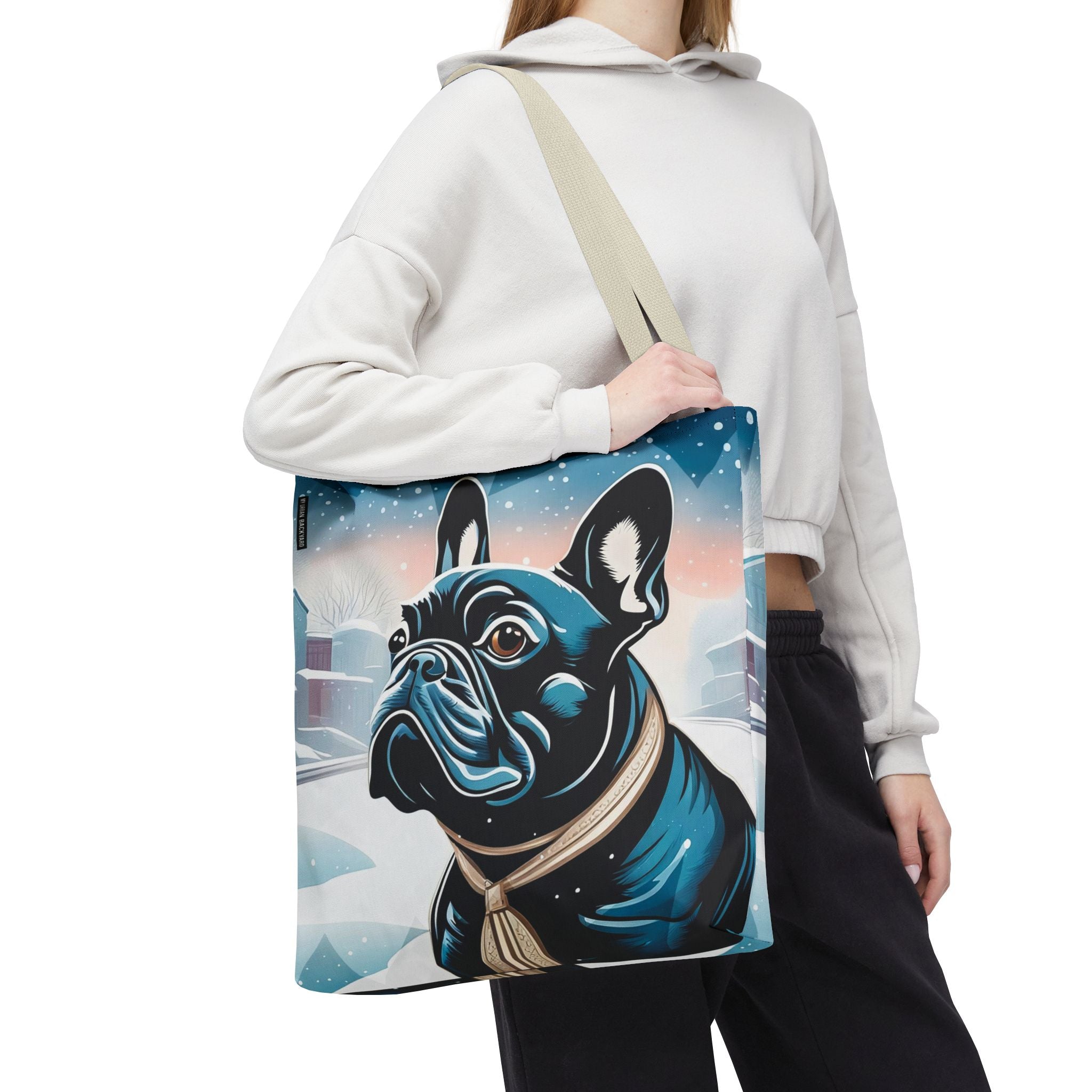 French Bulldog Winter Tote Bag — Snowy Pup All-Over Print Tote