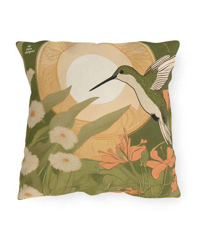 Green Hummingbird w Flowers, Taupe accent color, Throw Pillow, Indoor/Outdoor Decor for Home or Office