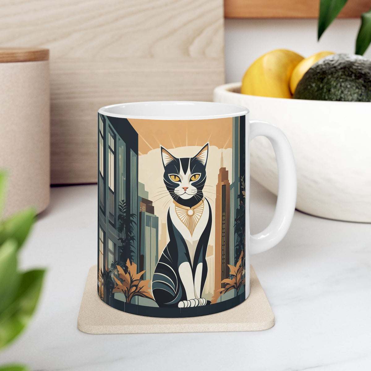 Art Deco City Cat Ceramic Mug
