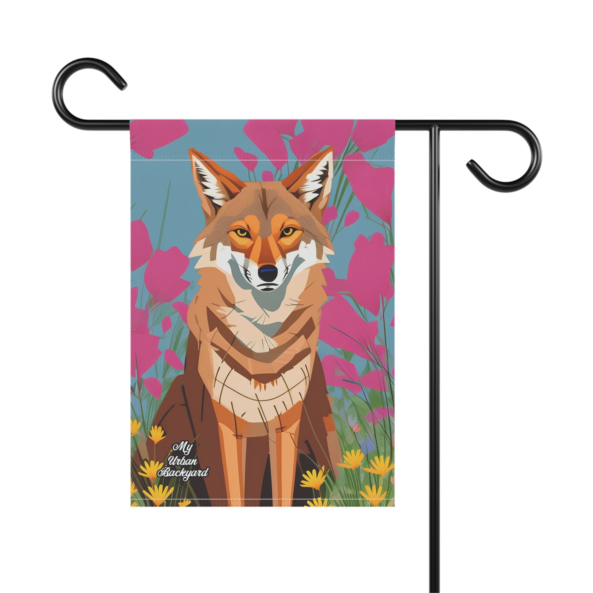 Coyote and Pink Flowers, Garden Flag