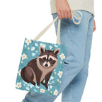 Young Raccoon w Flowers Tote Bag with Cotton Handles For Everyday Use, 3 Sizes