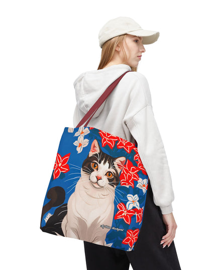 Cat and Red White & Blue Flowers Tote Bag with Cotton Handles For Everyday Use, 3 Sizes