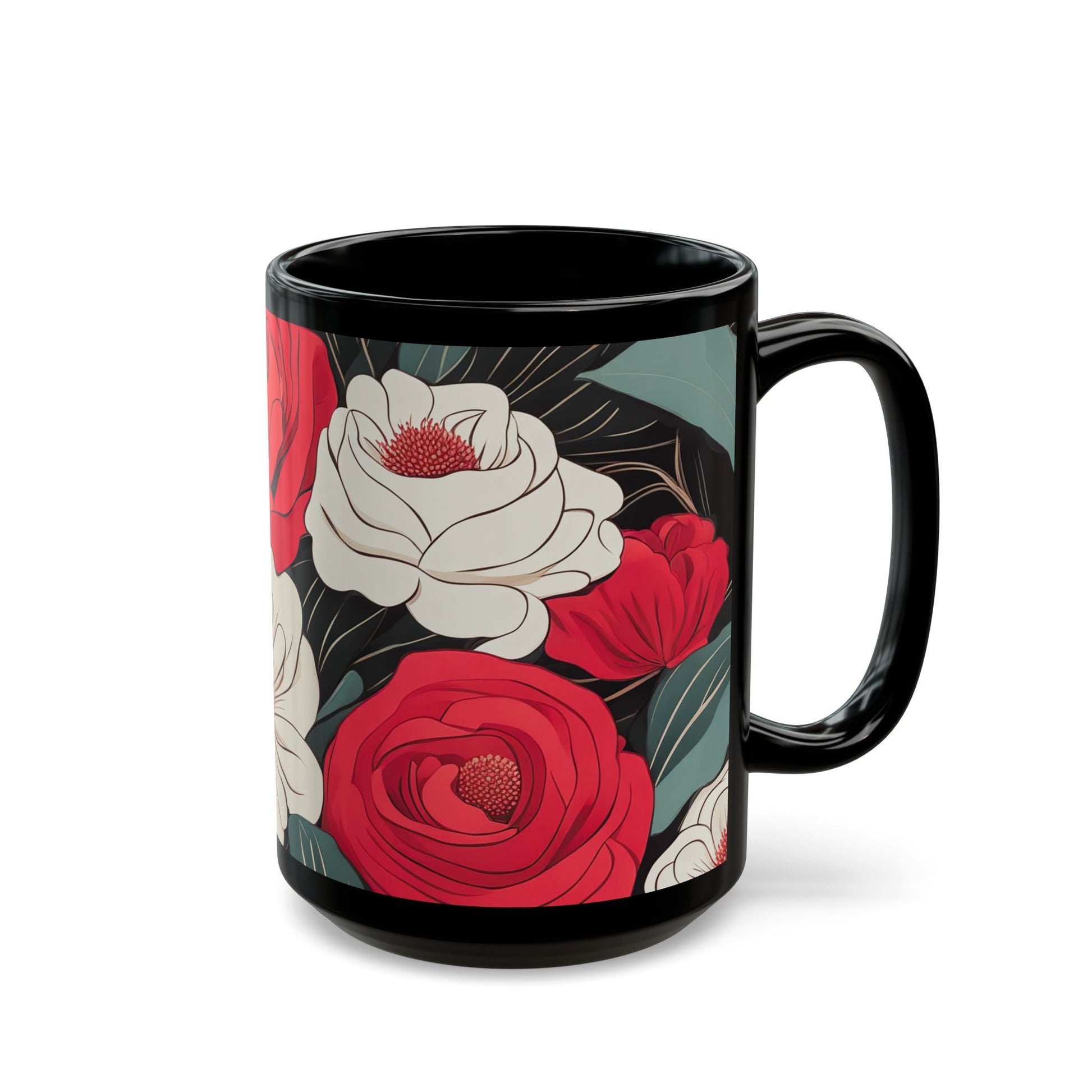 Floral Black Mug - Perfect for Coffee Lovers, Gift for Her, Home Decor, Botanical Design, Floral Coffee Cup