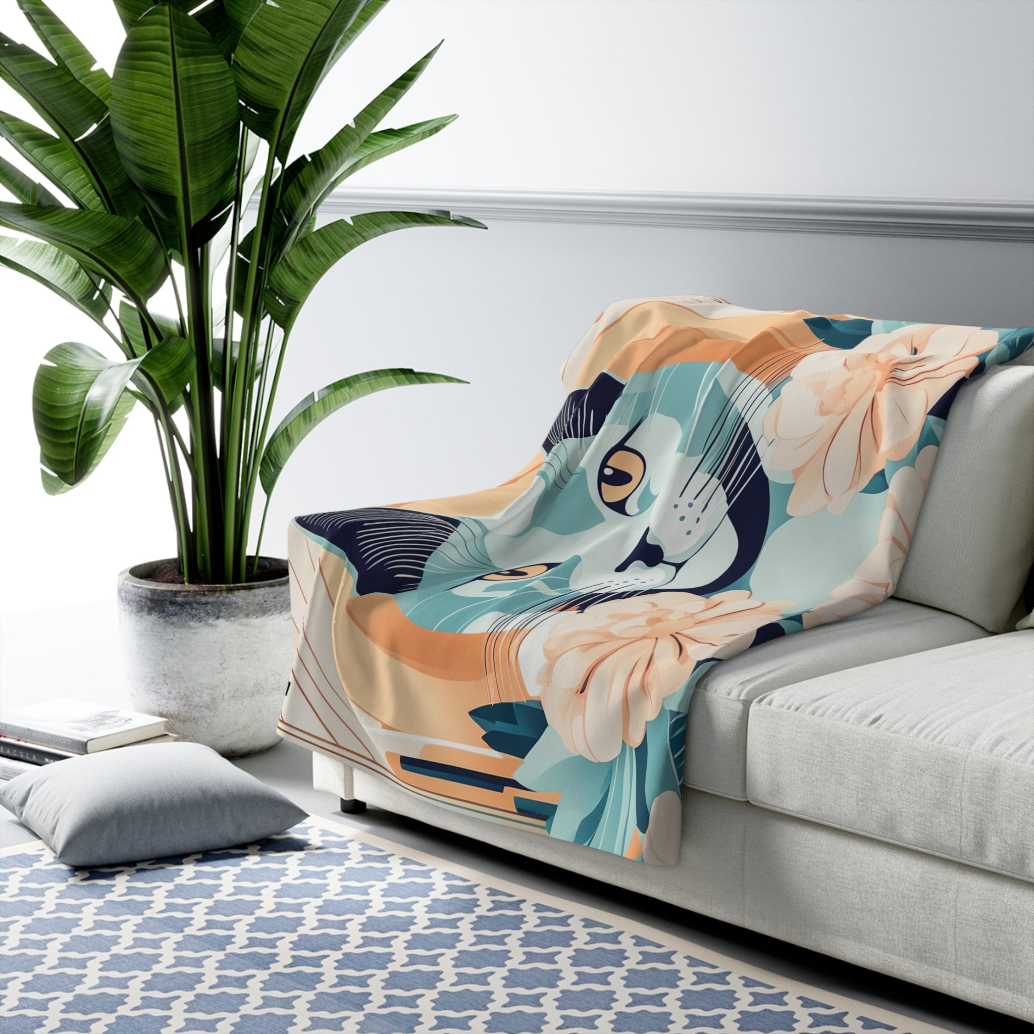 Leo Bluemane, Cozy Cat Floral Sherpa Fleece Blanket