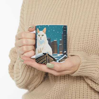 Snowy City Cat Ceramic Mug - 11 oz