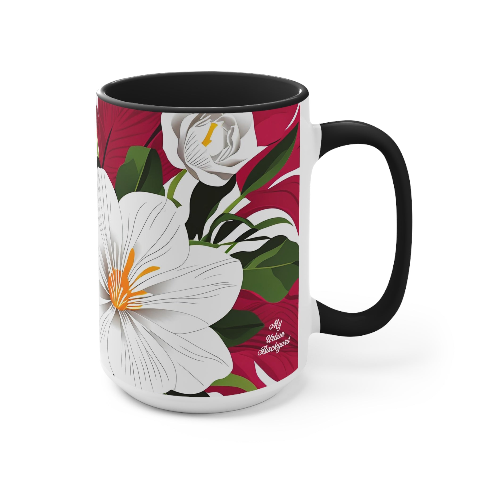 White Flowers on Red, Ceramic Coffee Mug