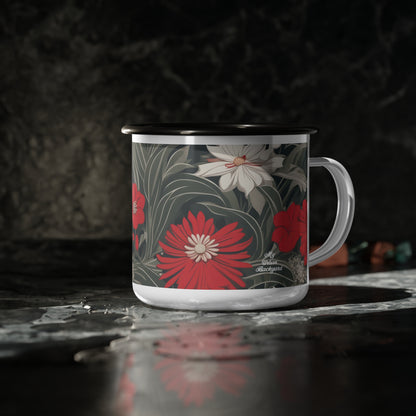 Red & White Flowers, Enamel Camping Mug for Coffee, Tea, Cocoa, or Cereal - 12oz