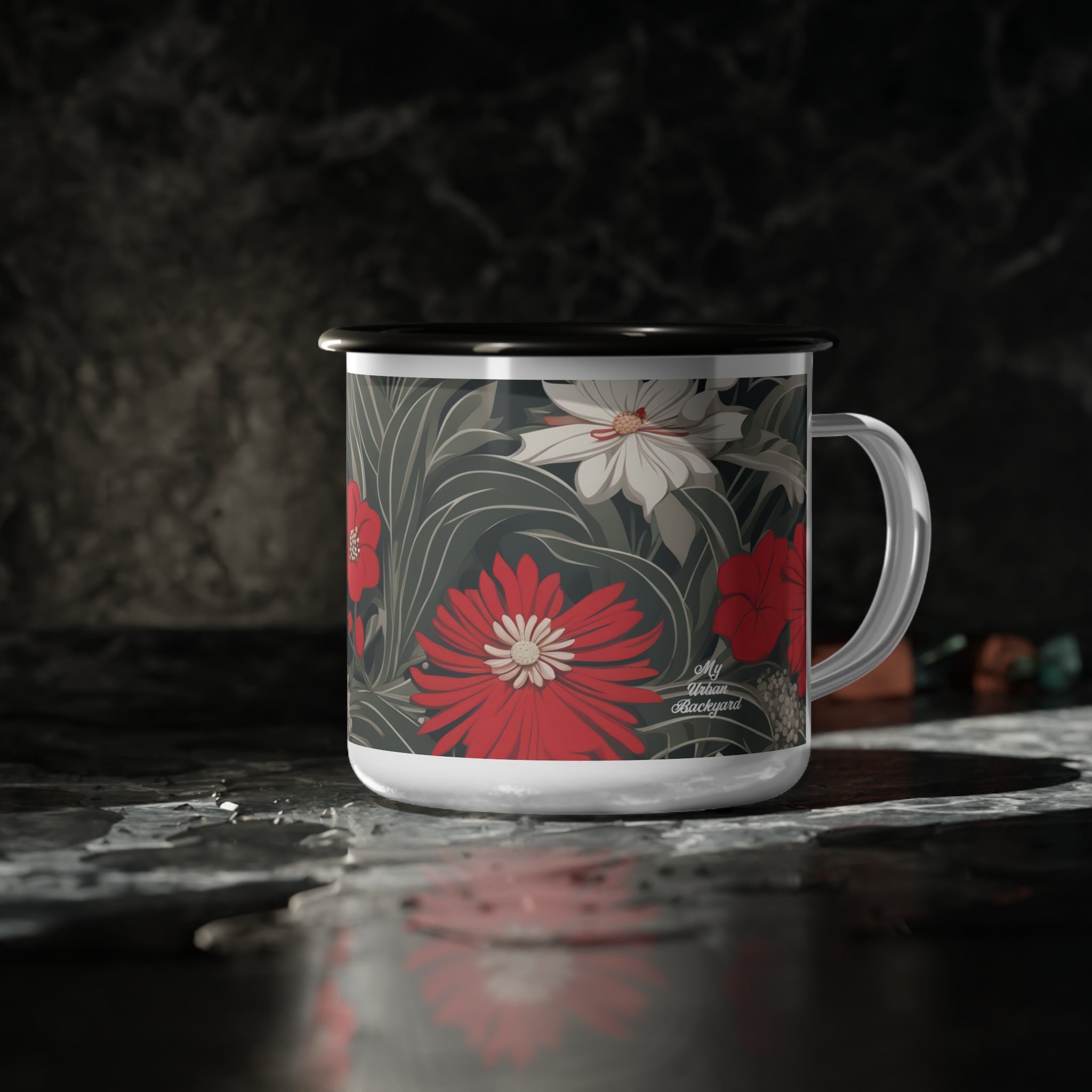 Red & White Flowers, Enamel Camping Mug