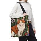 Orange Cat with Flowers, Tote Bag w Cotton Handles