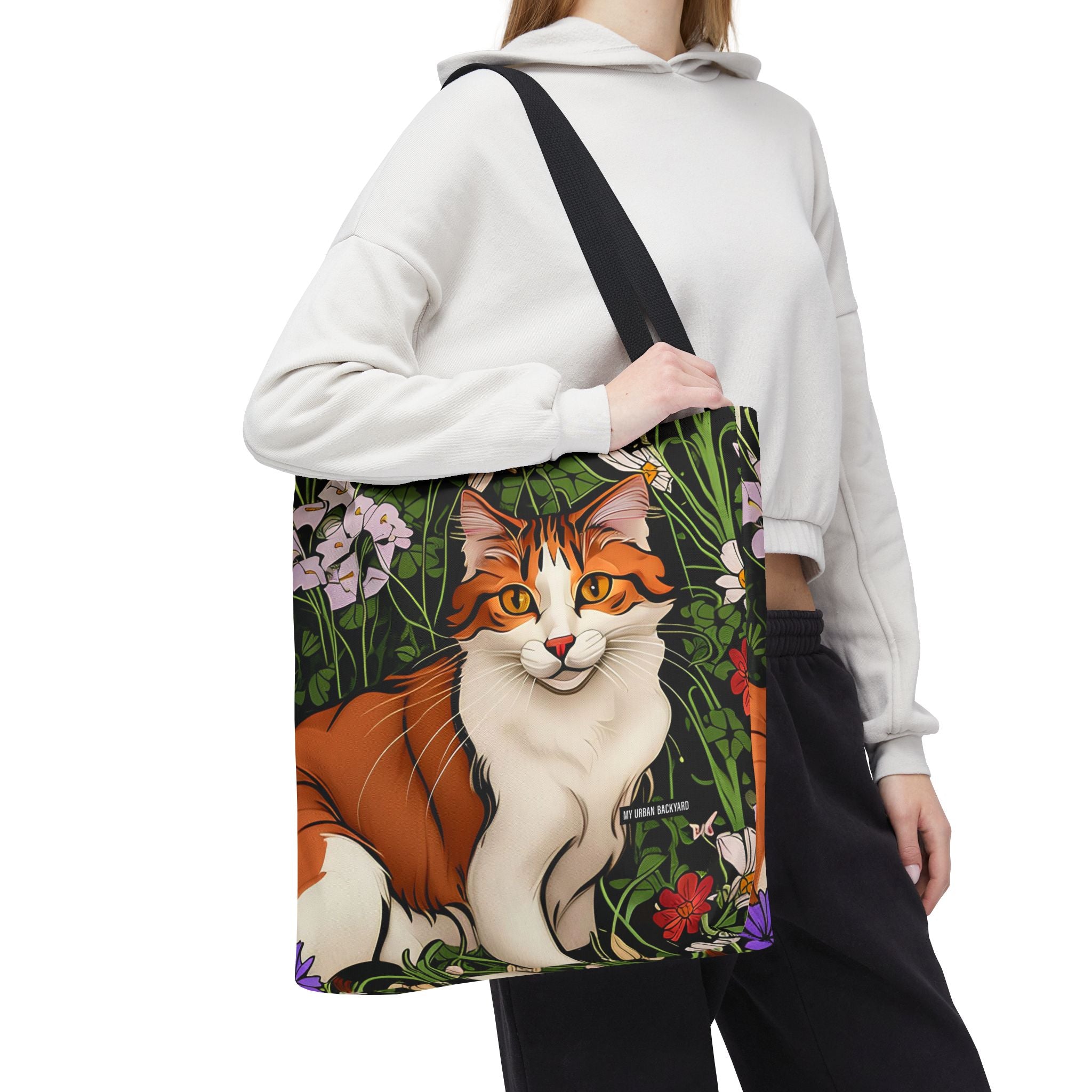 Orange Cat with Flowers, Tote Bag w Cotton Handles