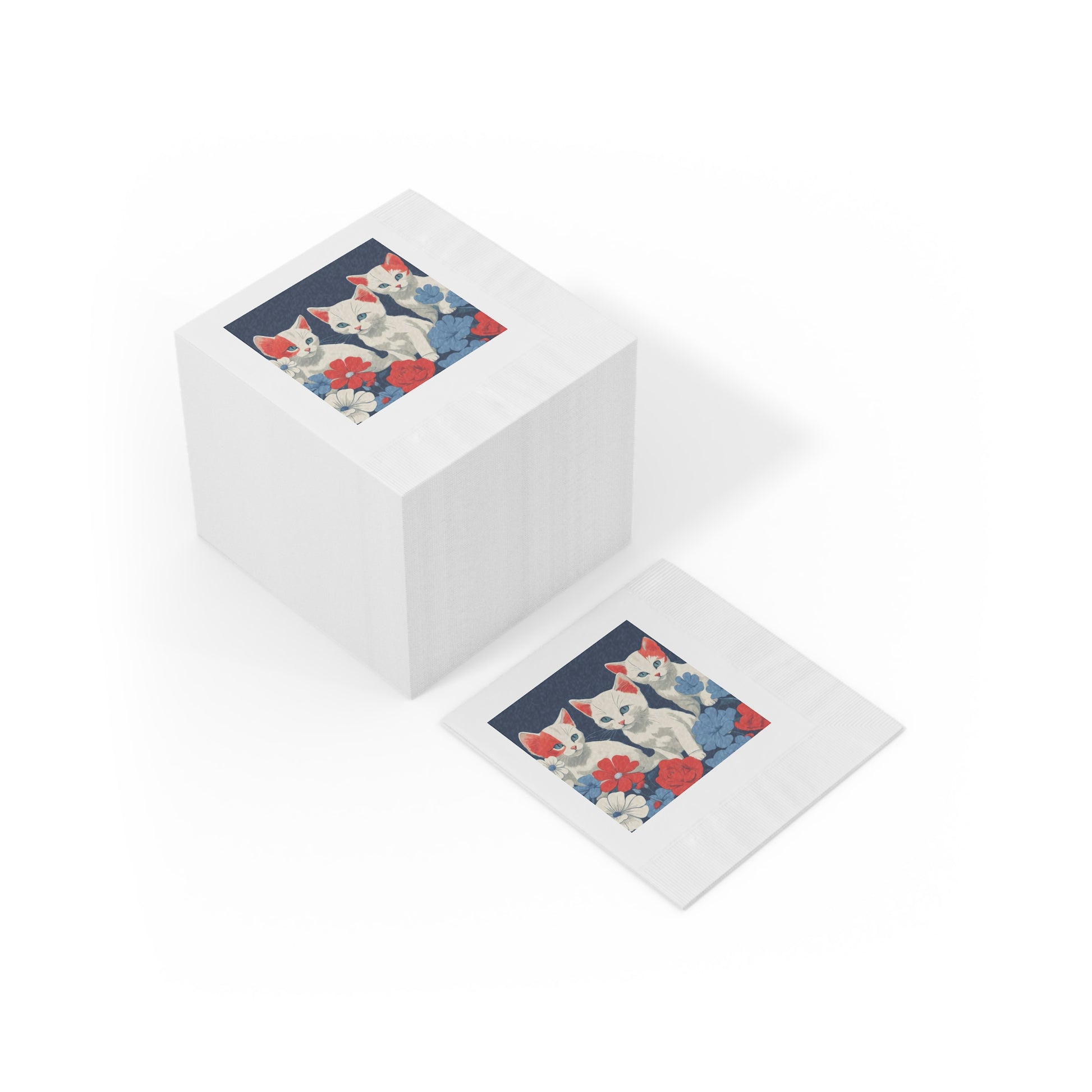 Cat Trio Floral Napkins — Cute Kittens Red White Blue Party Napkins, 2 sizes, Pack of 50 or 100