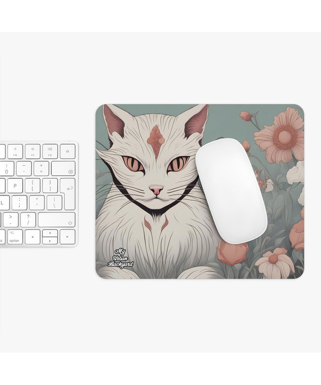 White Cat with Flowers, Computer Mouse Pad - for Home or Office