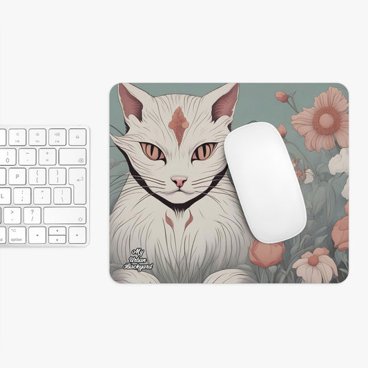 White Cat with Flowers, Computer Mouse Pad - for Home or Office