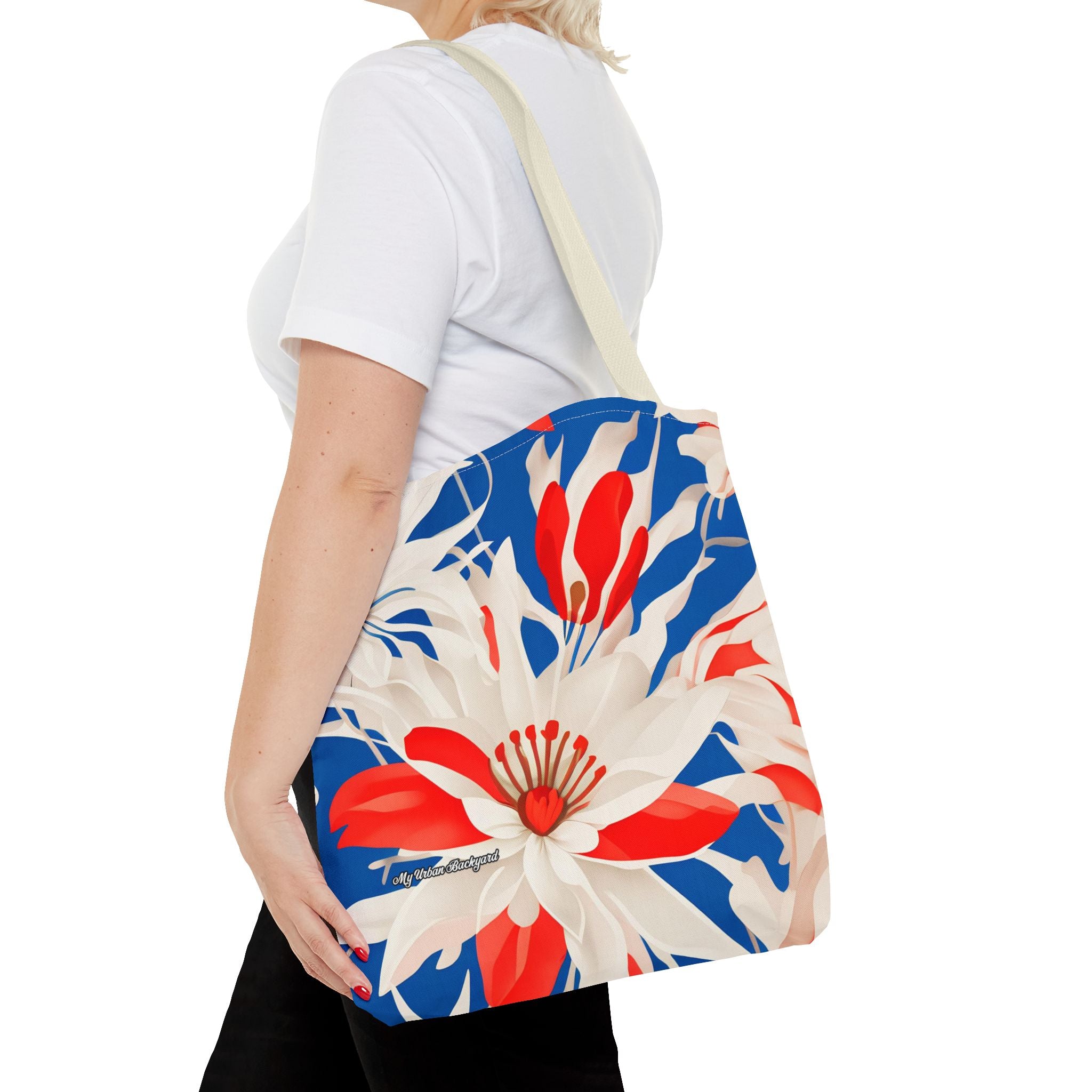 Red White & Blue Flowers Tote Bag with Cotton Handles For Everyday Use, 3 Sizes