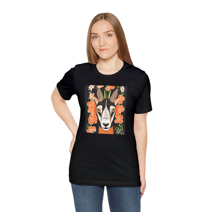 Goat with Orange Flowers, Soft 100% Jersey Cotton T-Shirt, Unisex, Short Sleeve, Retail Fit