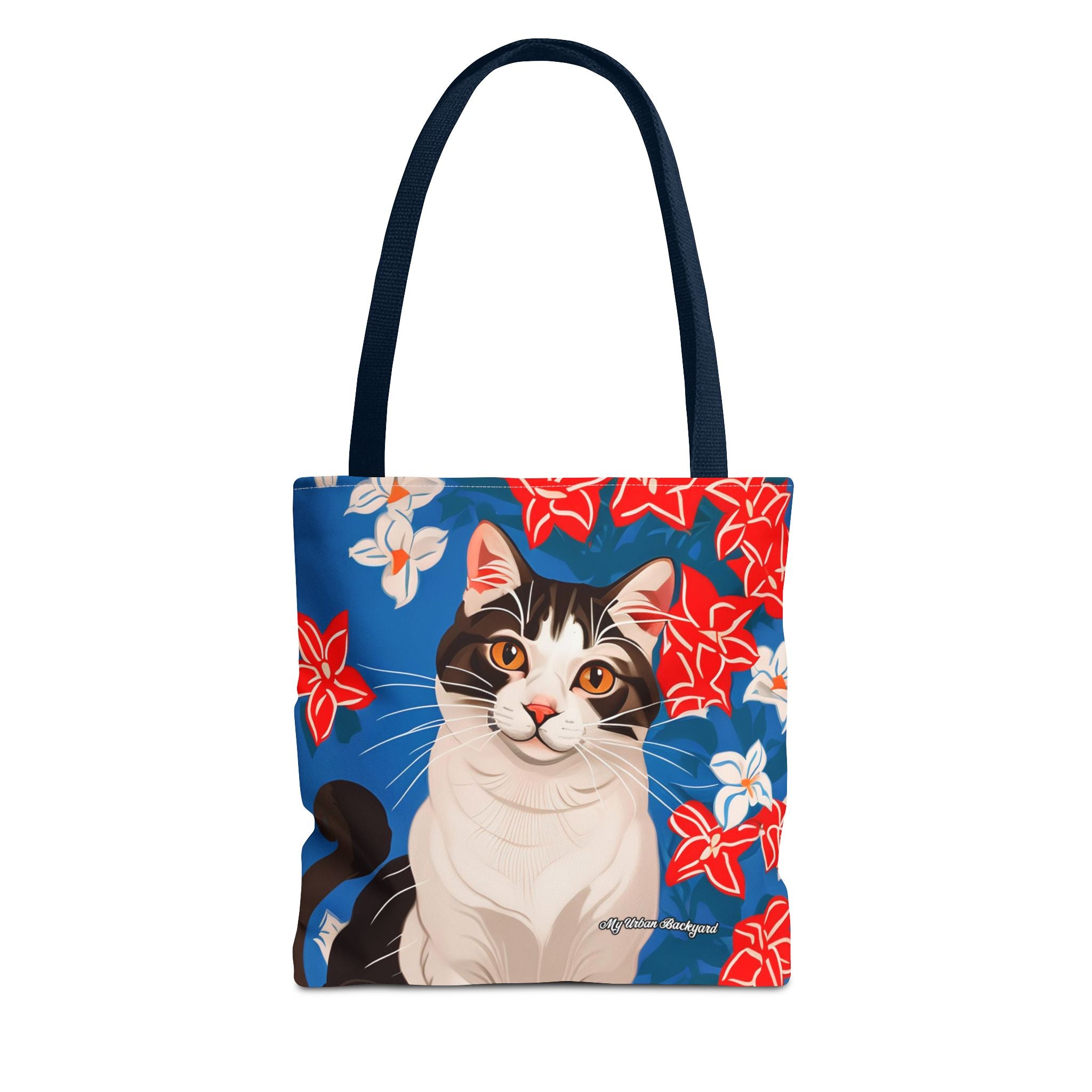 Cat with Red and White Flowers, Tote Bag with Cotton Handles For Everyday Use, 3 Sizes