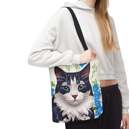 Cat and Blue Flowers Tote Bag