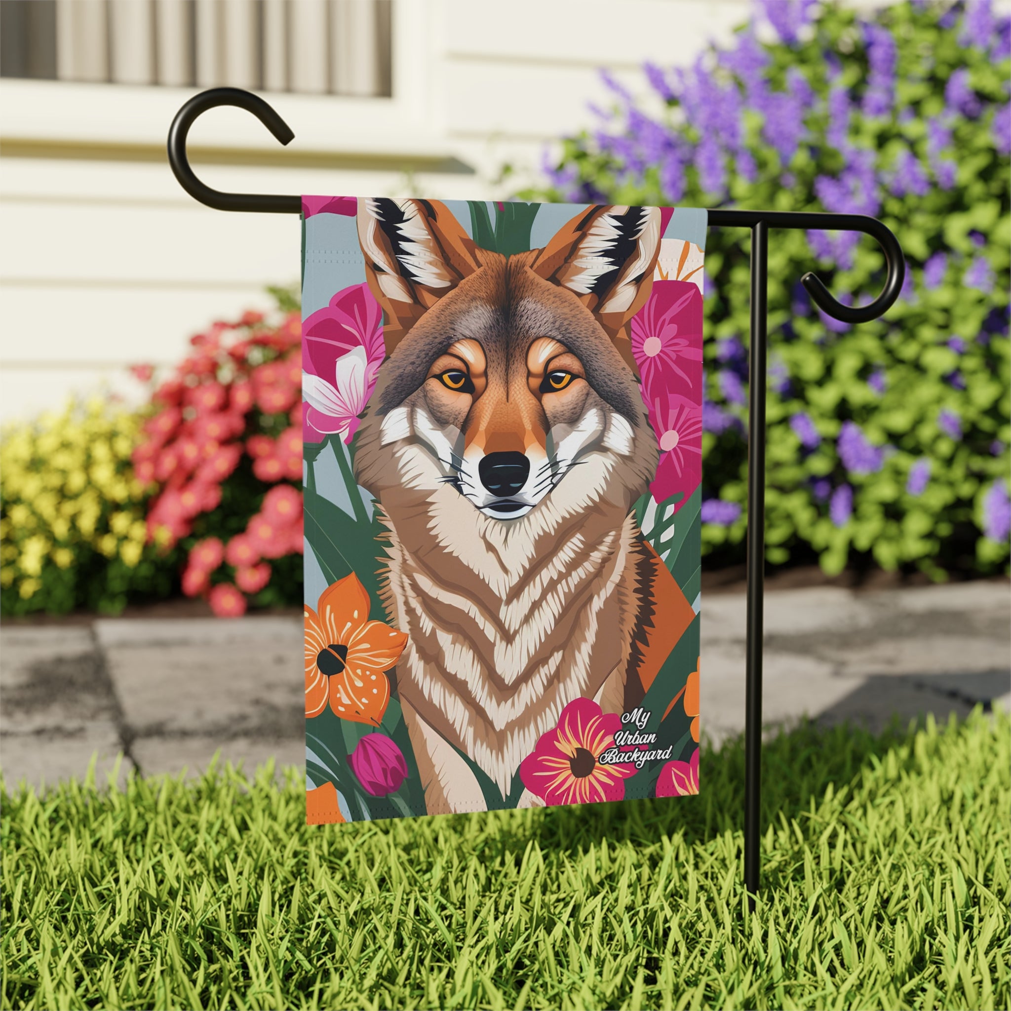 Coyote and Vibrant Flowers, Garden Flag