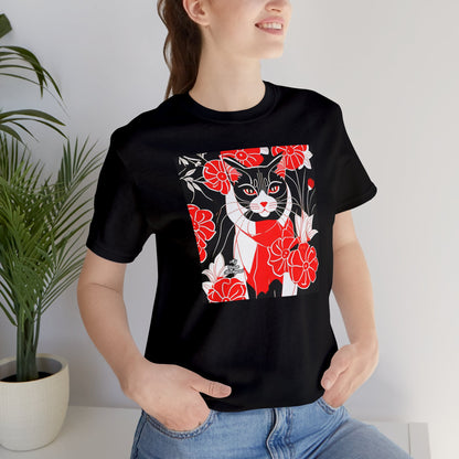 Tuxedo Cat with Red Flowers, Soft 100% Jersey Cotton T-Shirt, Unisex, Short Sleeve, Retail Fit