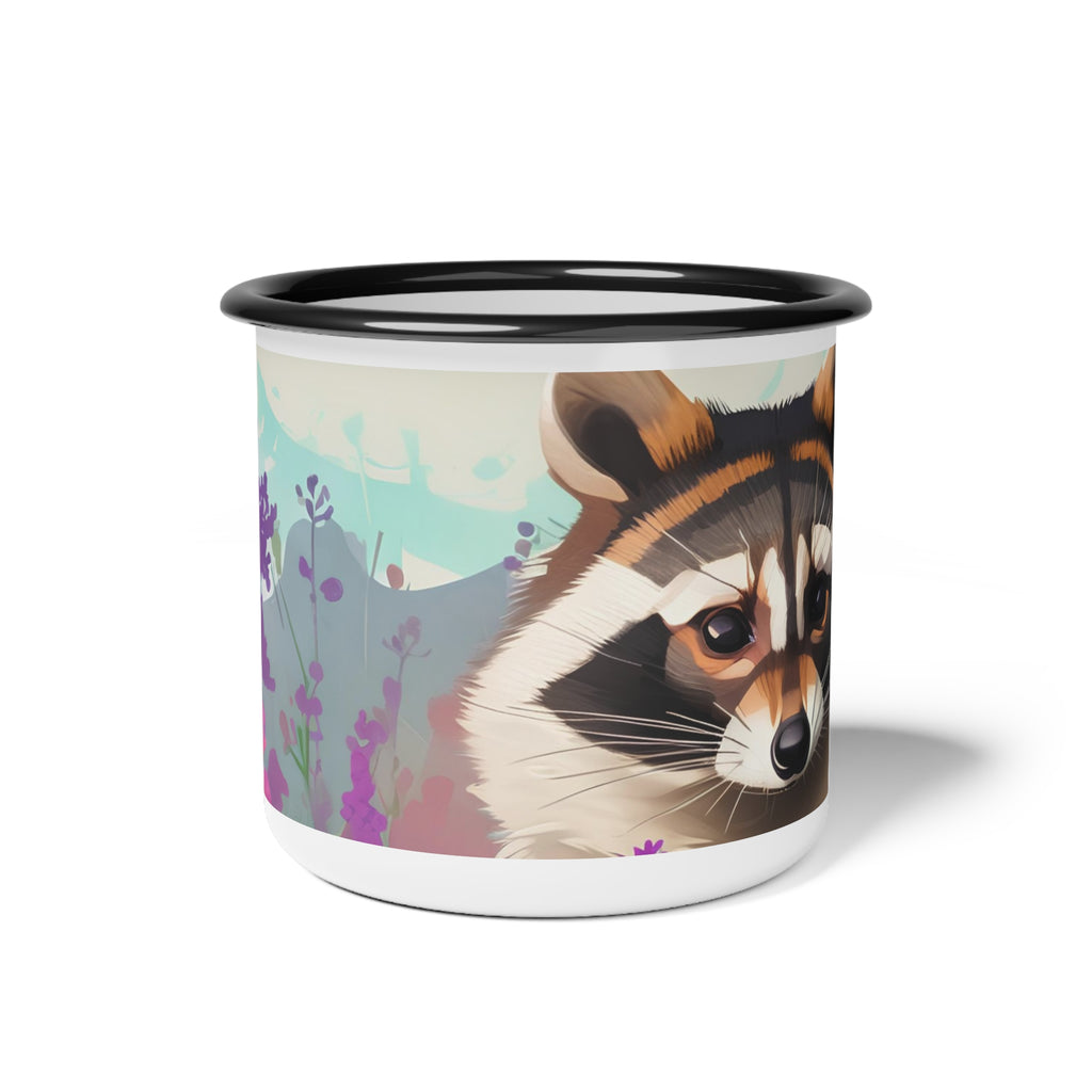 Raccoon with Flowers, Enamel Camping Mug for Coffee, Tea, Cocoa, or Cereal - 12oz