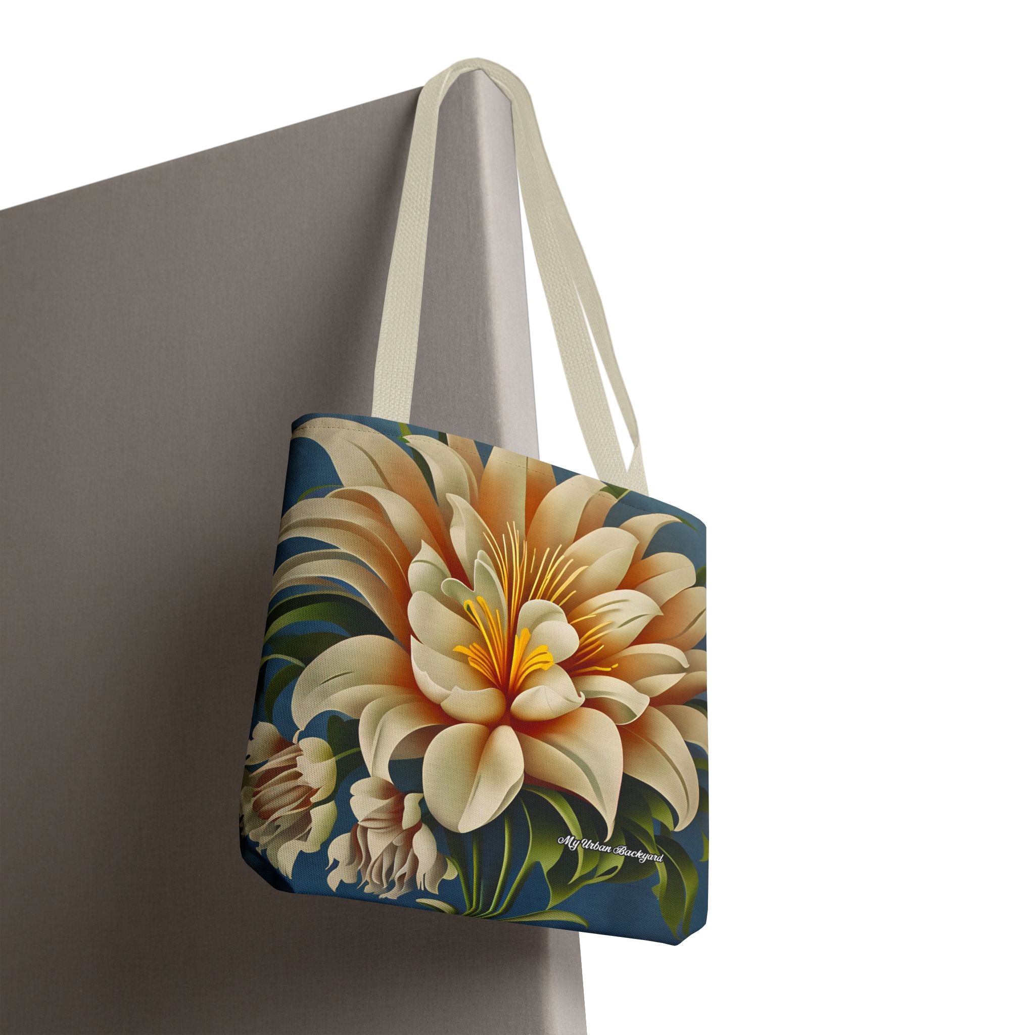 Large White Flower Tote Bag with Cotton Handles For Everyday Use, 3 Sizes