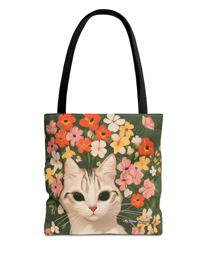 White Cat with Flowers Tote Bag with Cotton Handles For Everyday Use, 3 Sizes