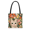 White Cat with Flowers Tote Bag with Cotton Handles For Everyday Use, 3 Sizes