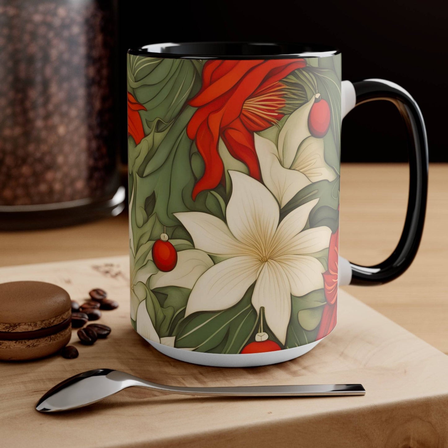 Ceramic Mug for Coffee, Tea, Hot Cocoa. Home/Office, Christmas Flowers