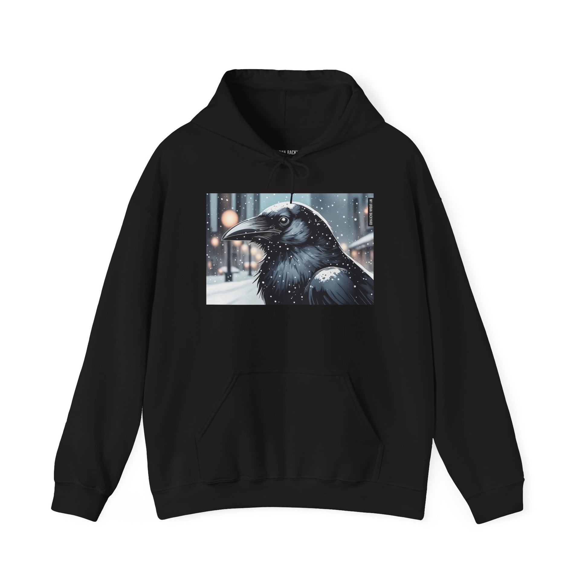 Urban Crow In Falling Snow Hoodie — Comfy Winter Graphic Hoodie