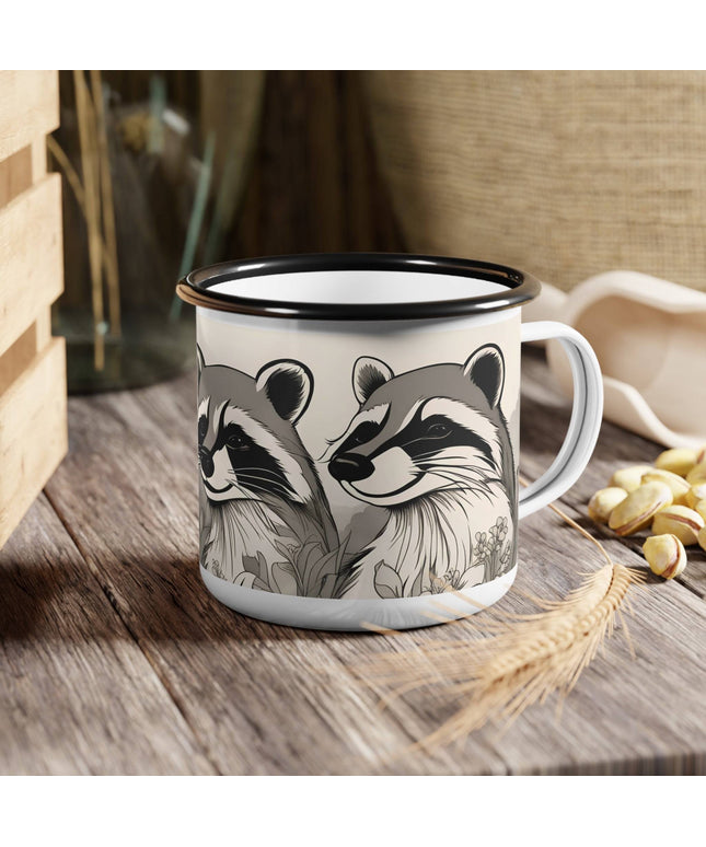 Enamel Camping Mug for Coffee, Tea, Hot Cocoa, Cereal, 12oz, Three Raccoons