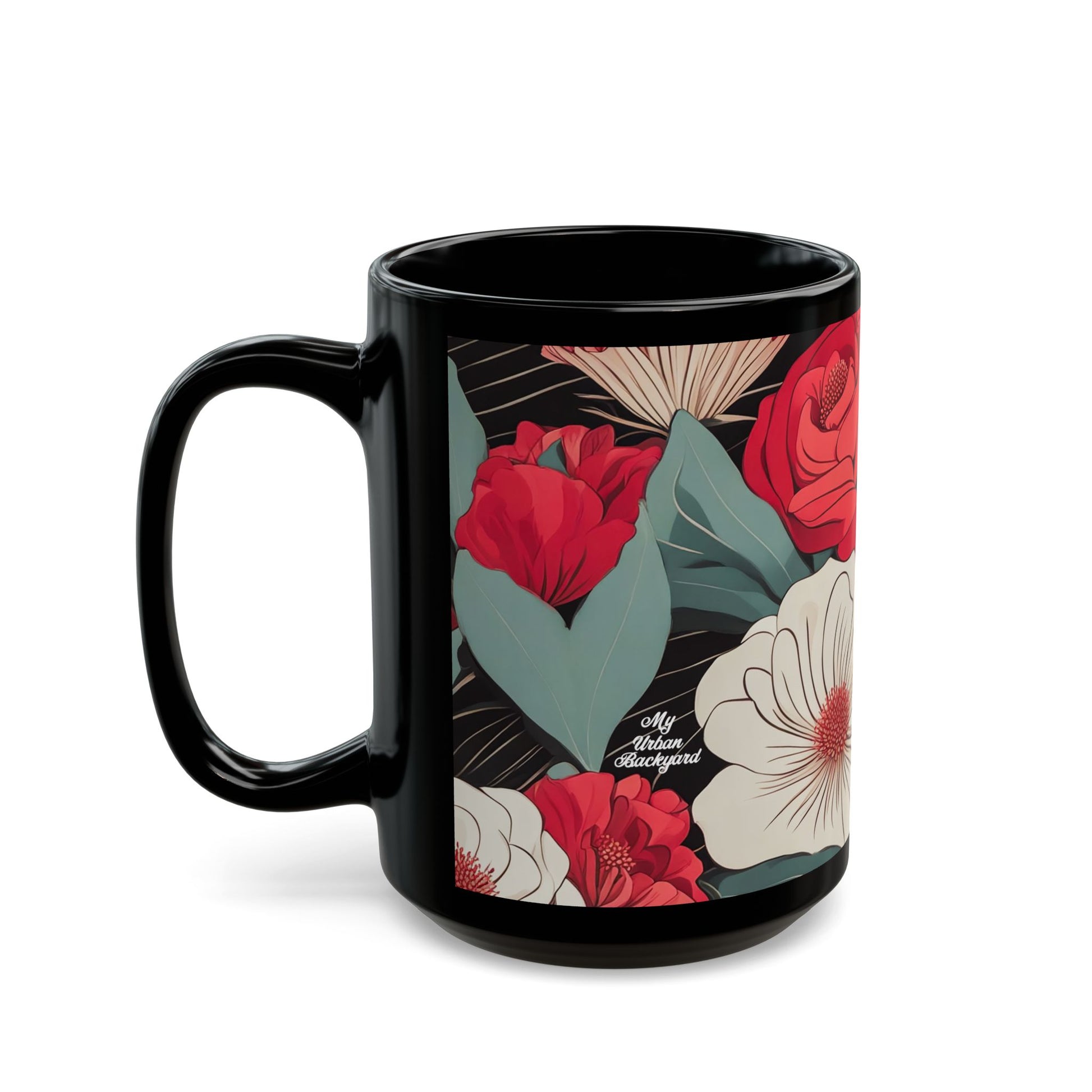 Floral Black Mug - Perfect for Coffee Lovers, Gift for Her, Home Decor, Botanical Design, Floral Coffee Cup