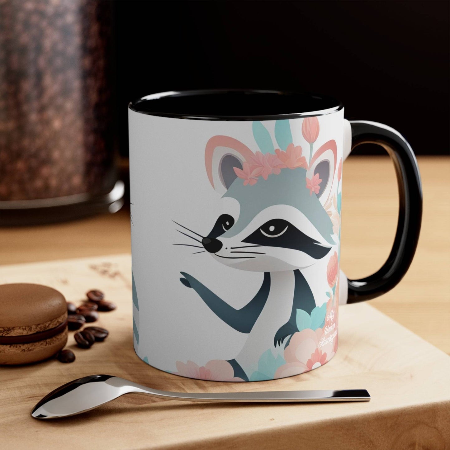 Ceramic Mug for Coffee, Tea, Hot Cocoa. Home/Office, Two Raccoons w Pastel Flowers