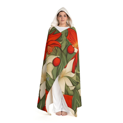 Hooded Sherpa Fleece Blanket for Warmth - Christmas Flowers