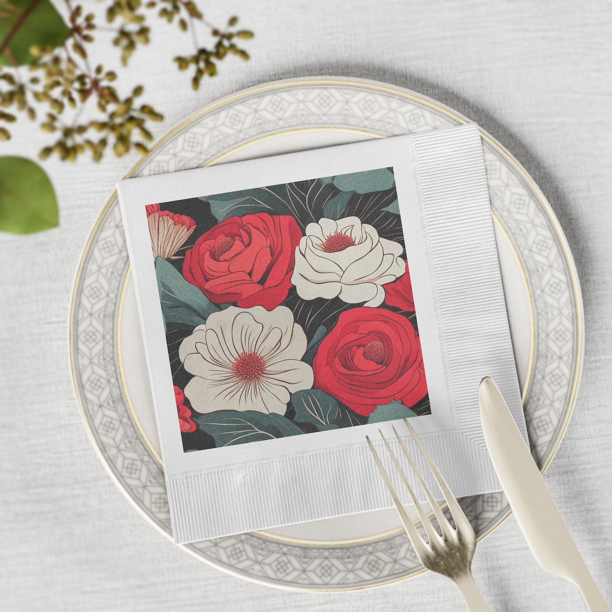 Floral Cocktail Napkins — Vintage Red White Garden Party Decor, 2 sizes, Pack of 50 or 100